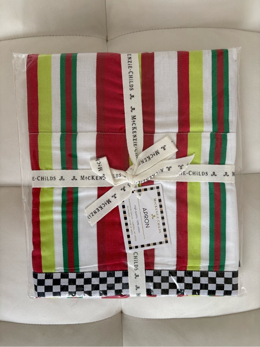 MacKenzie-Childs Holiday Stripe Full Bib Apron in Red, Green, Lime & White